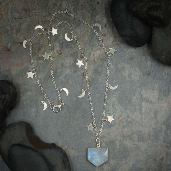 Moonstone Pentagon Pendant on Moon and Star Chain - Picture 2 of 2